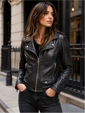 DOMA Jacket Women M Moto Lamb Leather Asymmetrical Zip Indie Sleaze Biker Black